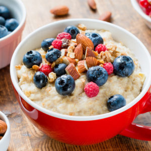 Oats, oatmeal, fruit, almonds